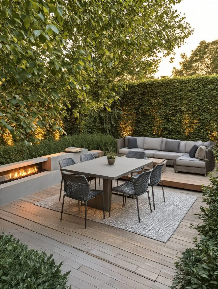 Back patio with clearly defined dining and lounging zones at golden hour
