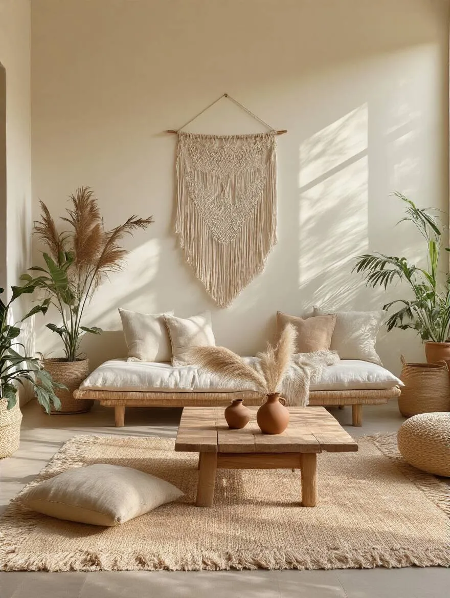 Flat lay composition with items representing earthy boho (stone, driftwood), eclectic boho (vintage key, patterned coasters), and global chic boho (woven basket, cowrie shell) styles for living room decor.