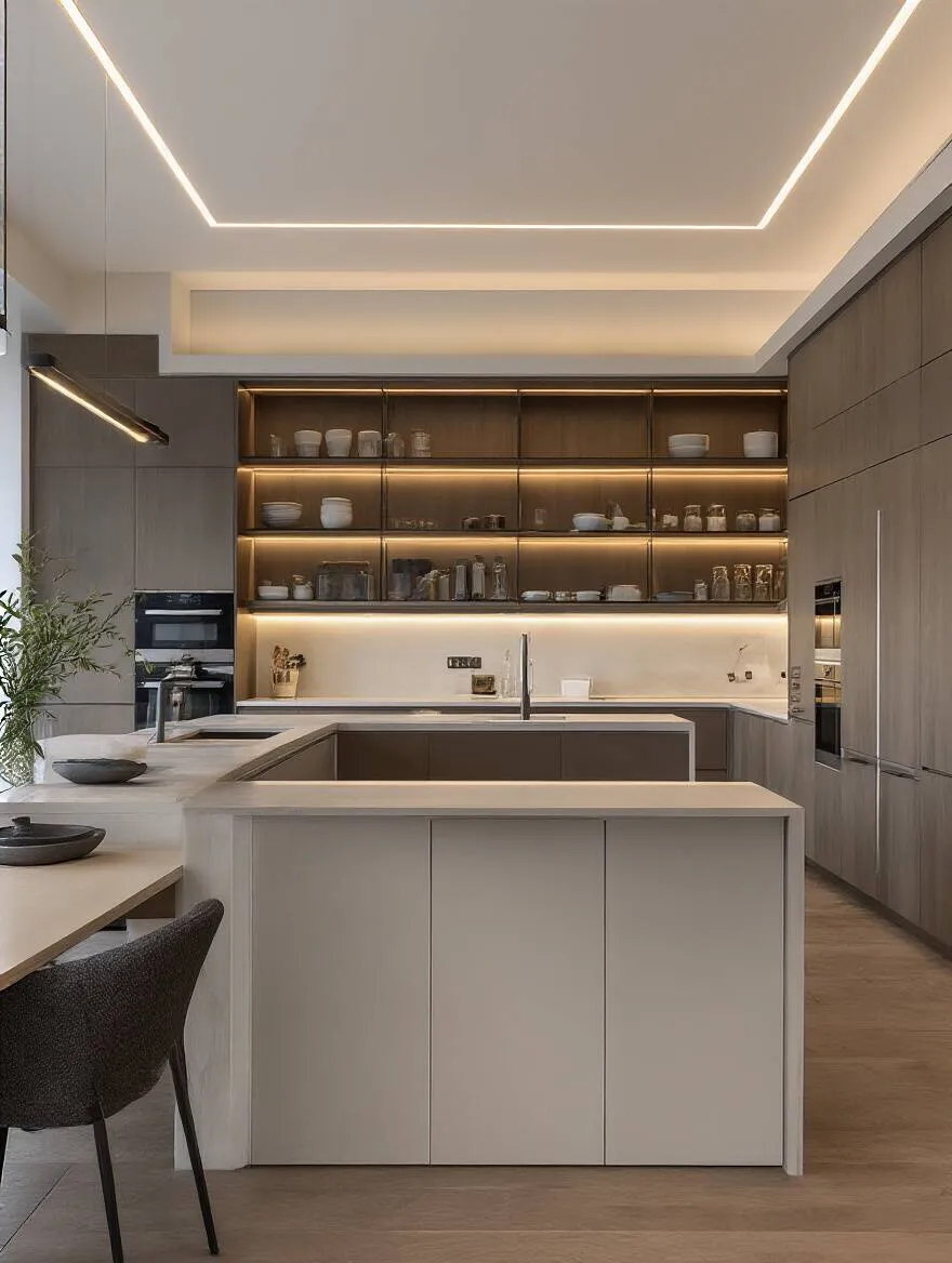 Portrait view of a modern kitchen with layered lighting