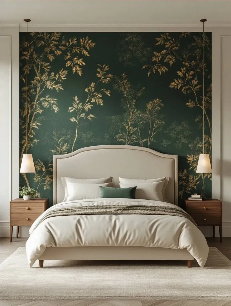 A luxurious bedroom with a dramatic forest green botanical wallpaper accent wall behind a neutral headboard, creating a striking visual focal point.