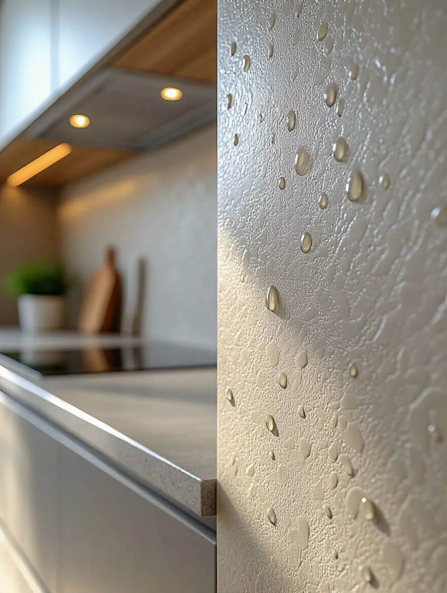 High-resolution portrait of a section of durable, moisture-resistant vinyl kitchen wallpaper with water droplets beading, emphasizing its suitability for high-traffic, splash-prone kitchen environments.