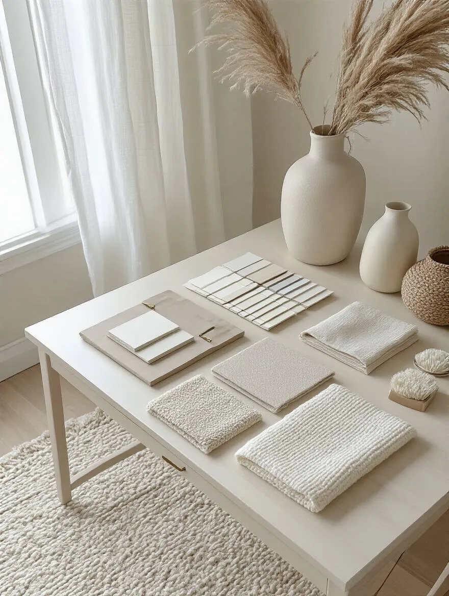 Bright white bedroom workspace with mood board and texture samples on a desk