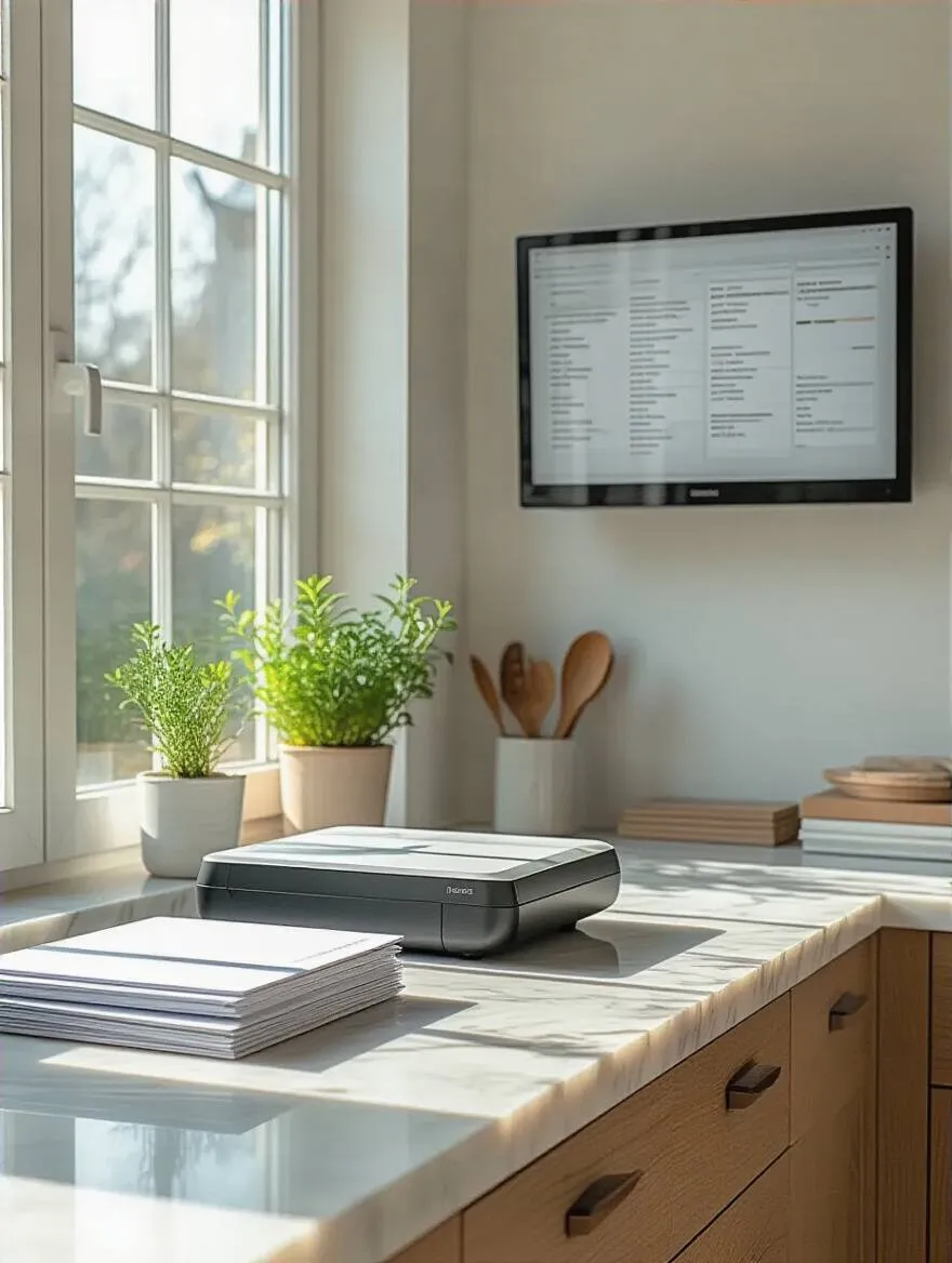 Portrait of a minimalist kitchen with a digital library of recipes and manuals on a wall display and scanner, no people.