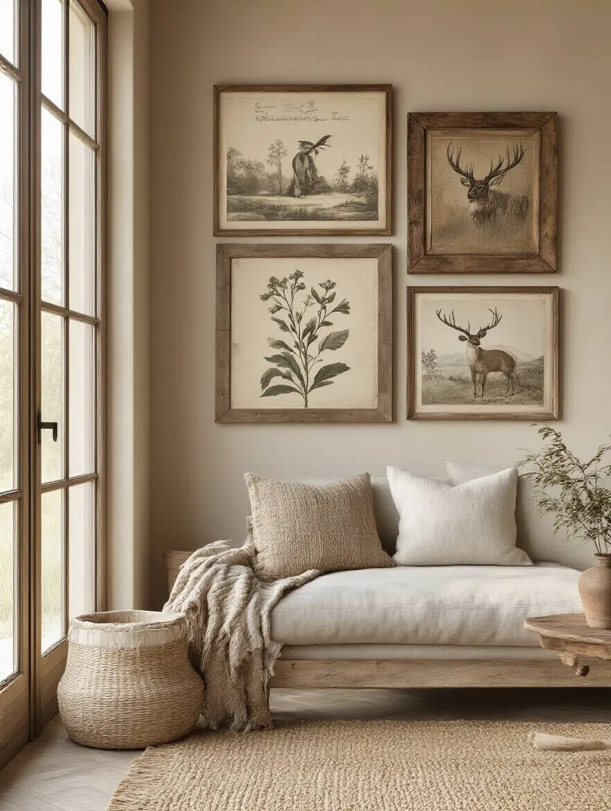 Rustic art gallery wall in a cozy living room with vintage prints, botanical illustrations, and wildlife imagery in natural wood frames.