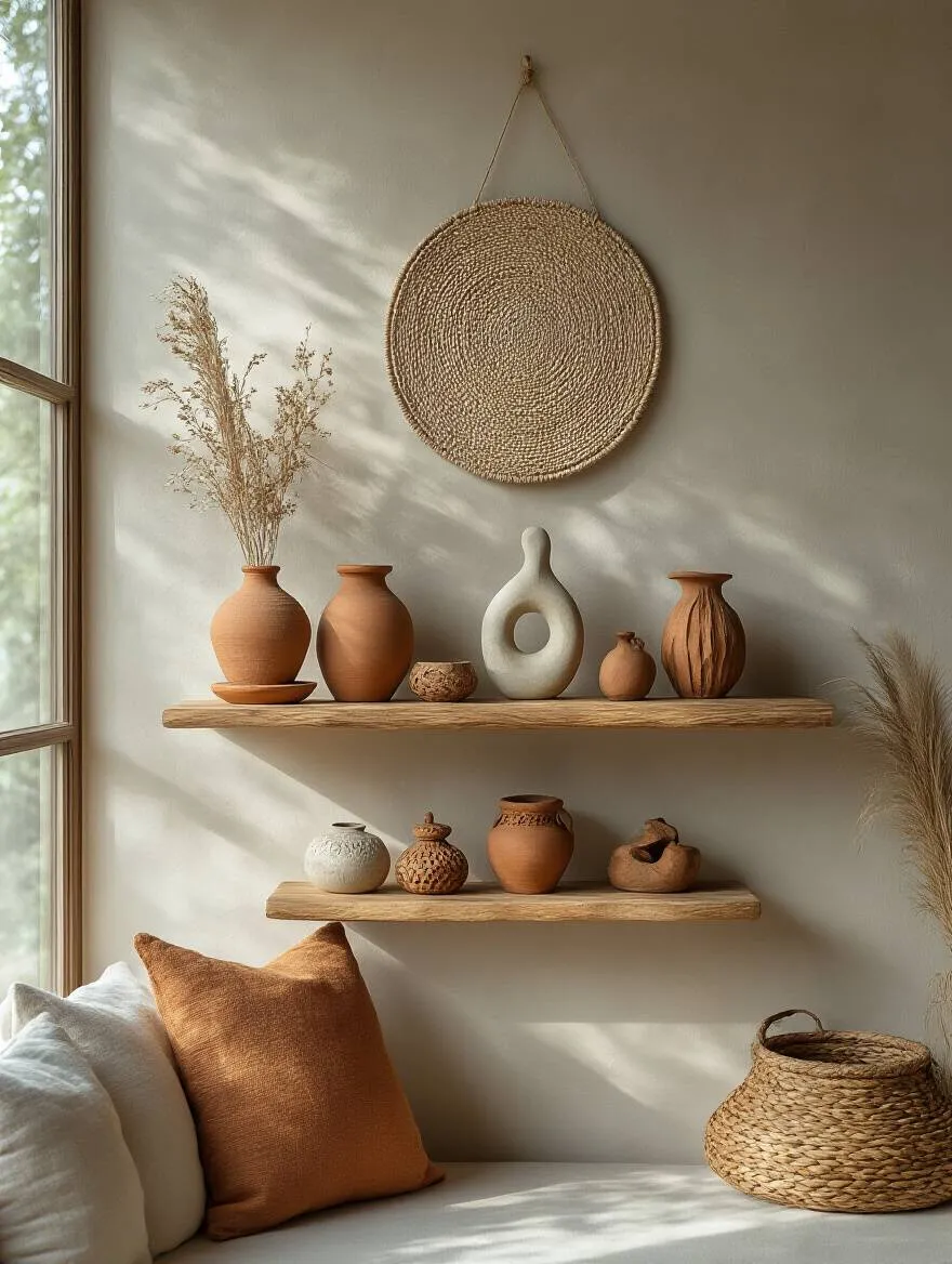 Vertical image showing a collection of unique boho handcrafted pottery, ceramic sculptures, and carved wooden trinkets arranged on a wooden shelf with a woven wall hanging background.