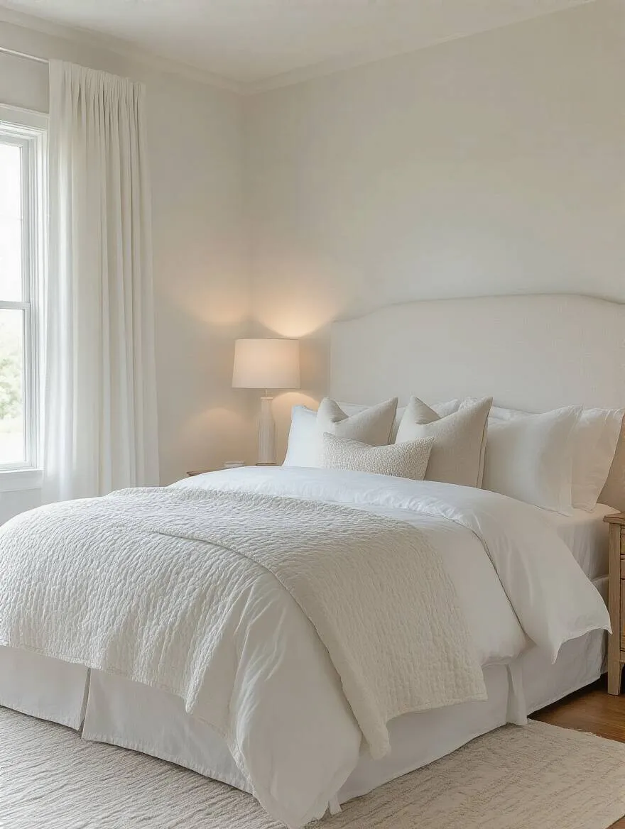 Serene white bedroom portrait view showing warm and cool undertones