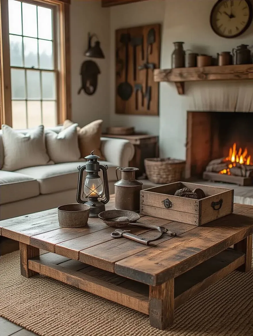 Vertical rustic living room vignette with found objects and antique tools on barnwood furniture