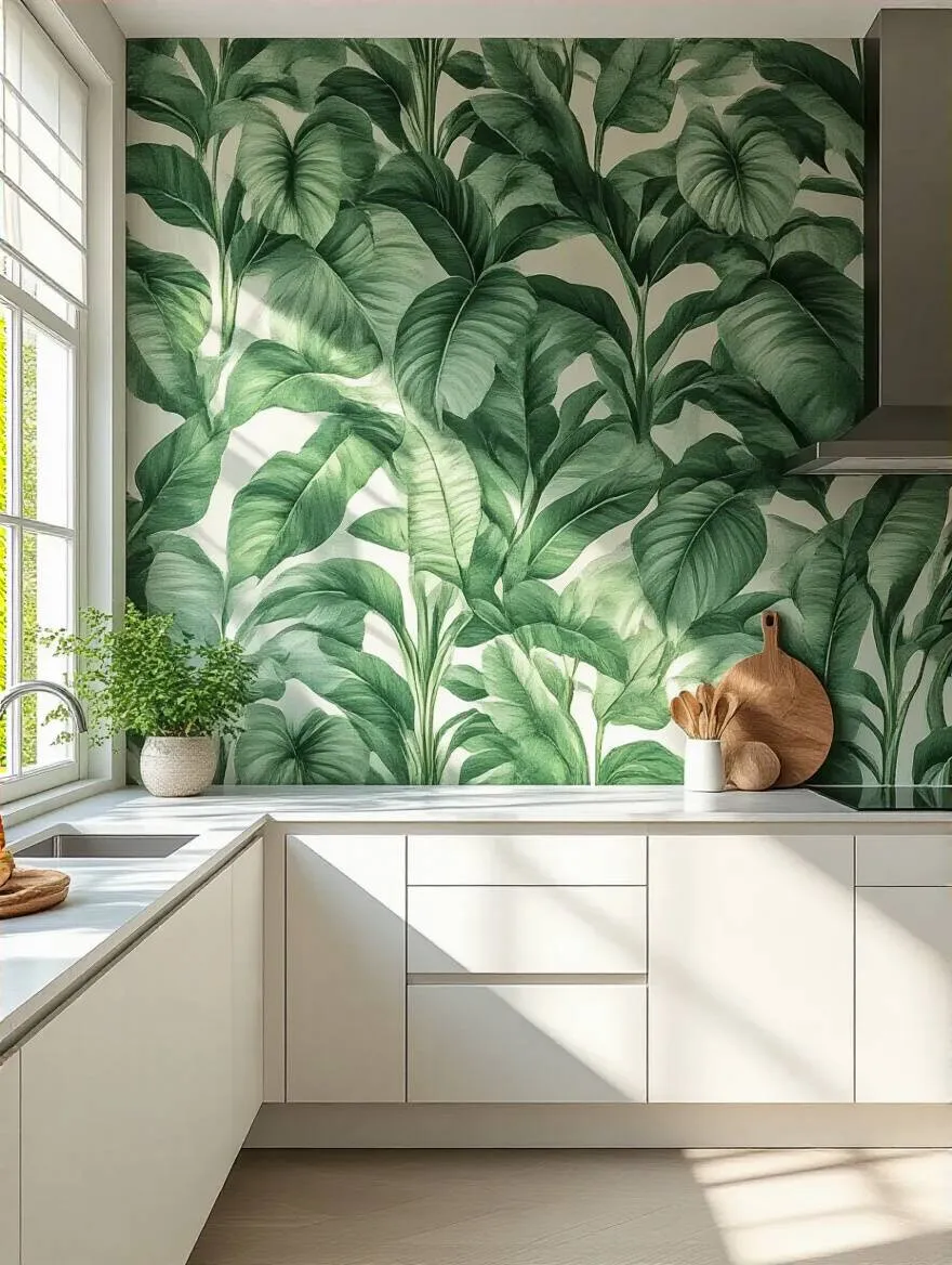 Modern kitchen with a feature wall displaying a vibrant green botanical pattern wallpaper behind white cabinetry.