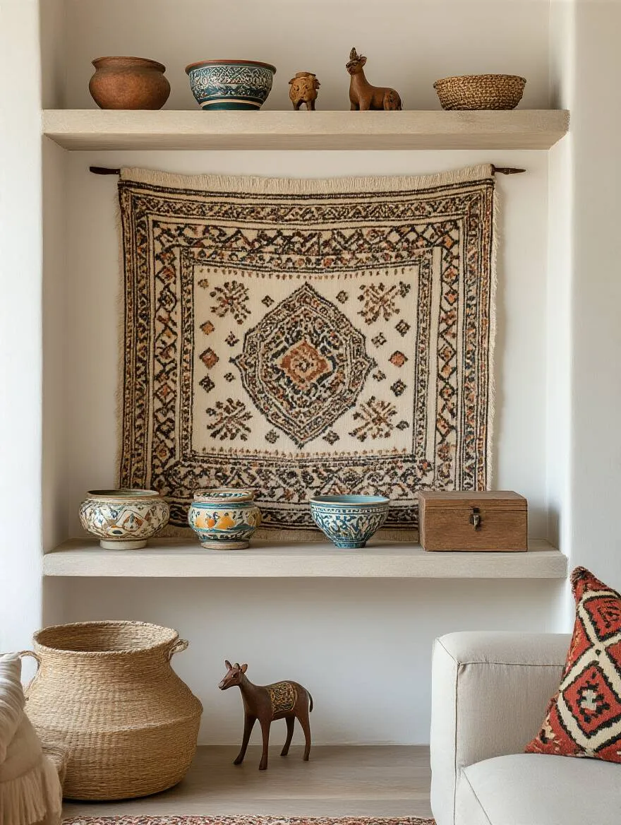 Boho living room vignette showcasing a wall-hung Moroccan tapestry, floating shelves with Mexican ceramic bowls, African animal figurines, and a Balinese wooden box as global souvenirs, professionally photographed.