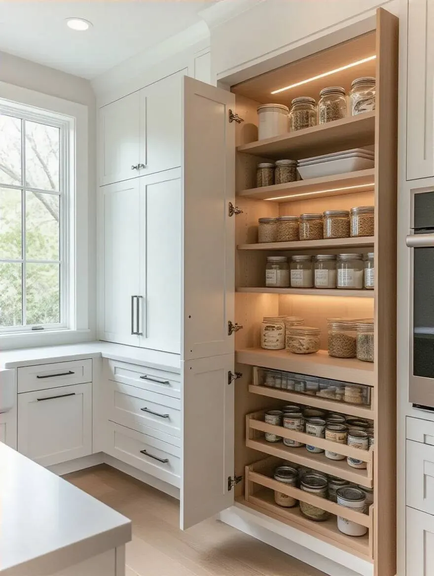 Minimalist kitchen with a tall pull-out pantry cabinet partially extended