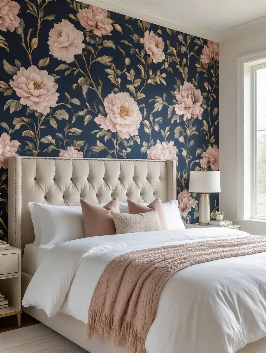 Luxurious bedroom with a statement wall adorned with large-scale floral wallpaper behind a cream upholstered bed, creating a romantic and elegant ambiance with soft lighting.