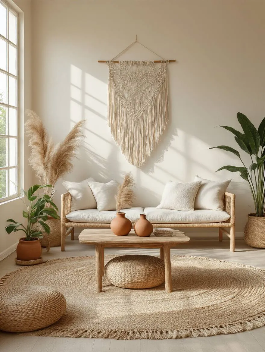Boho living room with warm light neutral walls, woven rug, linen sofa, macrame, and potted plants.