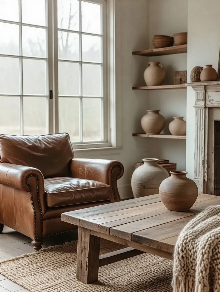 Rustic living room corner with distressed wood, patinaed leather, and handmade textiles