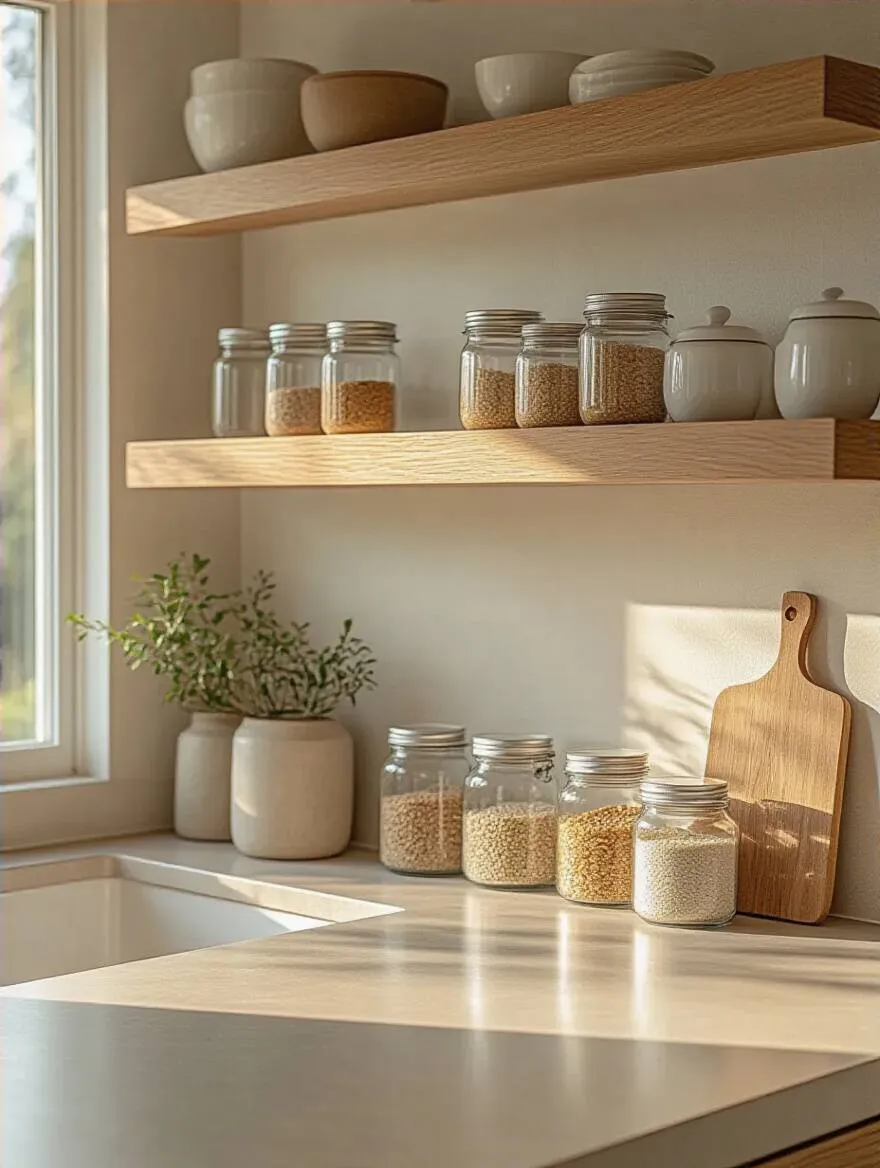 Portrait of a tidy minimalist kitchen with organized counter and one-in, one-out concept