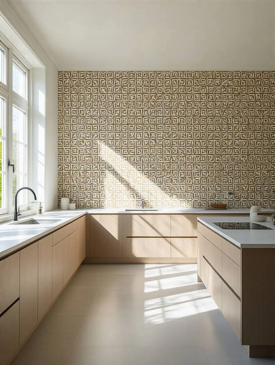 Modern kitchen wall with intricate geometric wallpaper perfectly installed, showcasing seamless pattern alignment and bubble-free finish. No people.