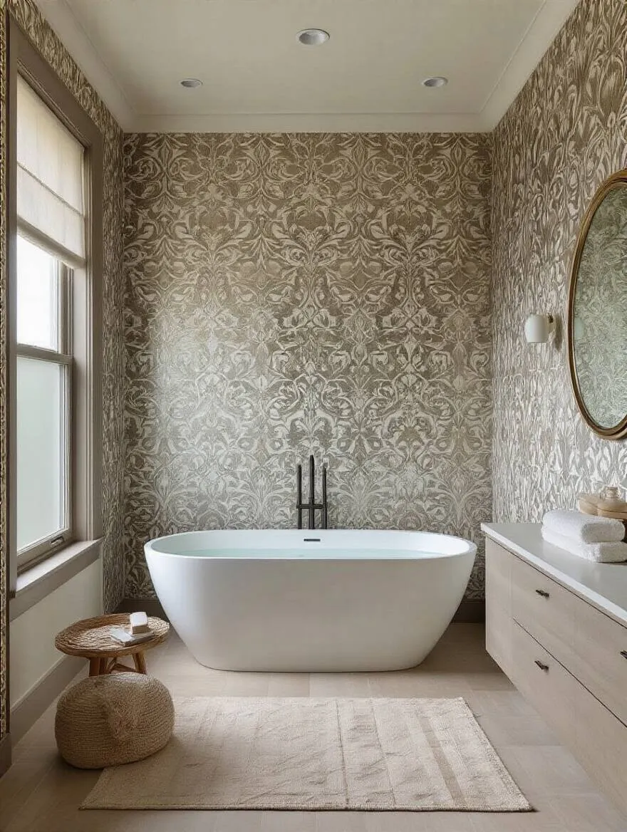 Portrait of a modern bathroom wall with intricate wallpaper showing flawless seam alignment
