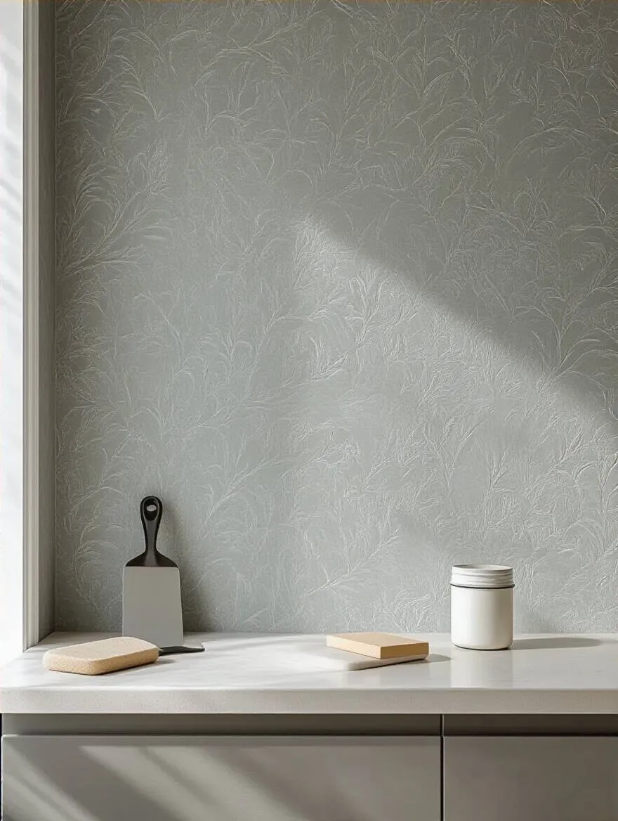 Vertical shot of a bathroom wall prepped for wallpaper adhesion with primer and smoothing tools.