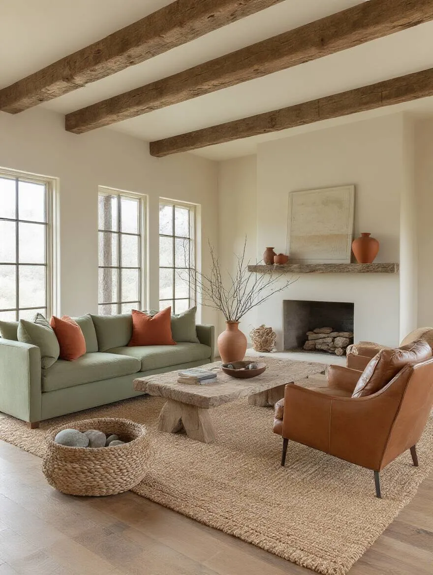 Portrait of a rustic living room with cohesive earthy color palette and warm textures