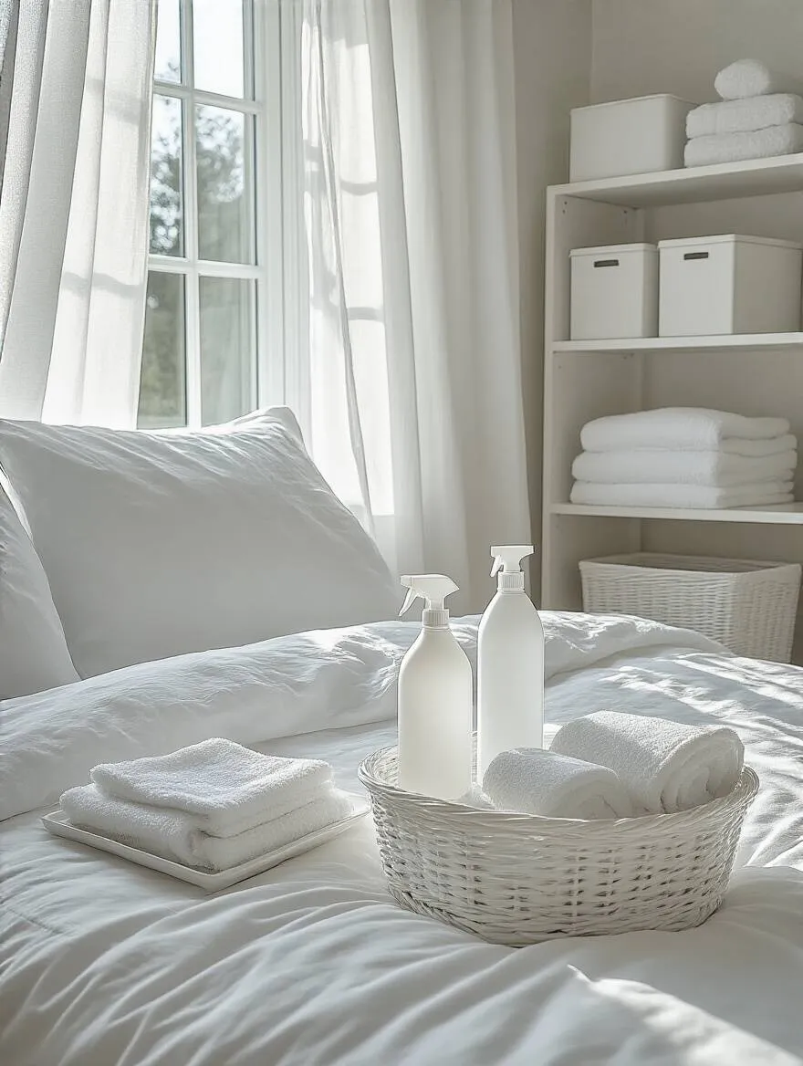 Portrait of a pristine white bedroom with a tidy cleaning station and natural daylight