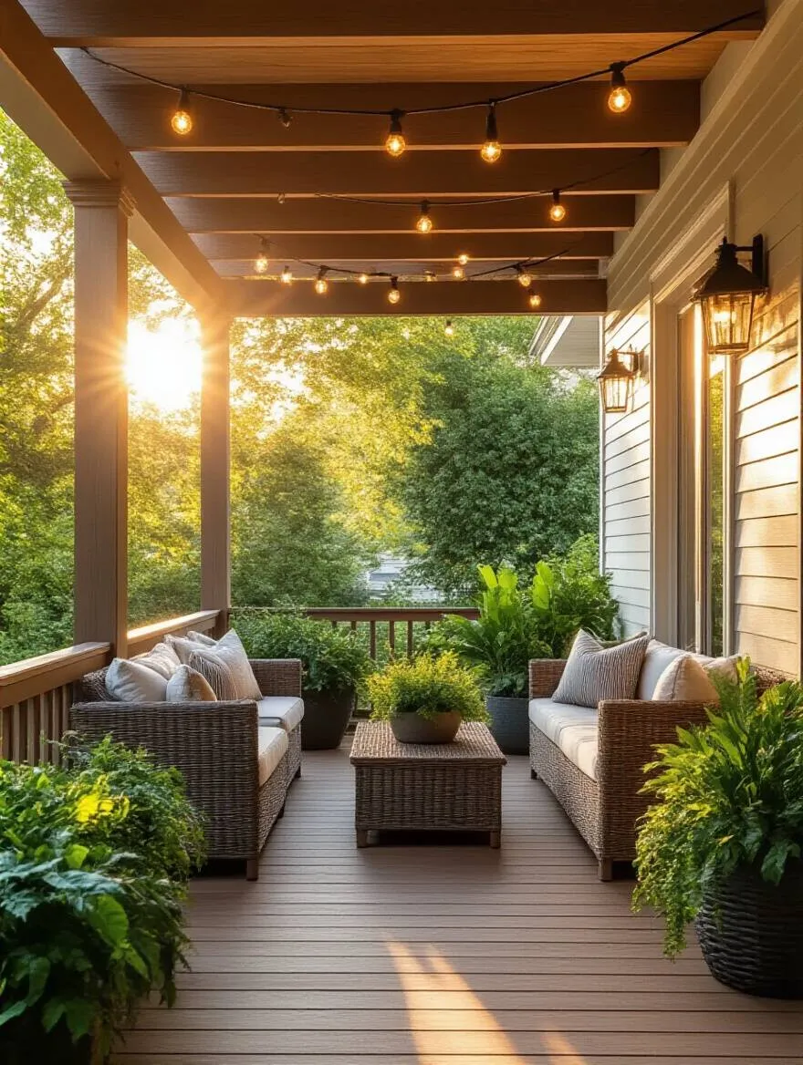 Vertical back porch portrait with wooden deck, pergola, planters, and string lights
