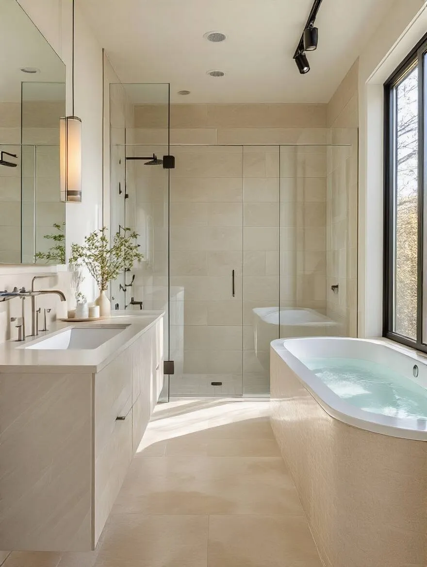Portrait view of a modern bathroom interior, calm and organized, with natural light