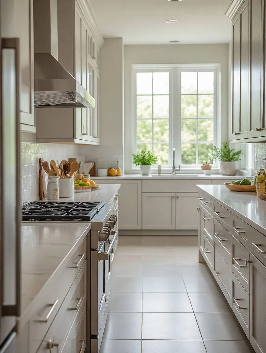 Portrait view of a modern kitchen highlighting a maintenance-ready layout and pristine finishes