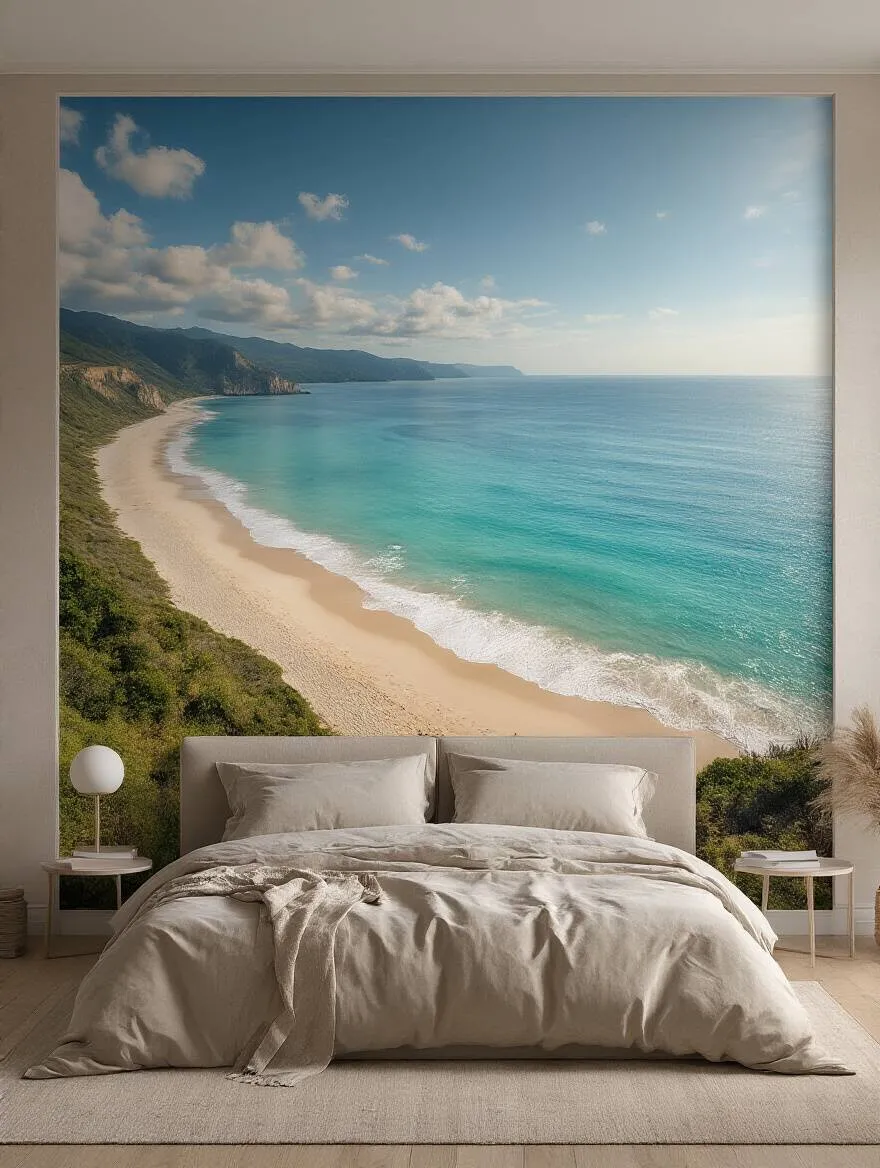Bedroom featuring an expansive mural-style panel depicting a sunny coastal landscape, enhancing the room's depth and serenity.