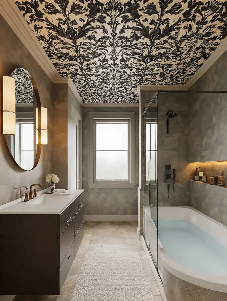 Bathroom ceiling wallpaper as a bold focal point in a stylish bathroom, fifth wall design