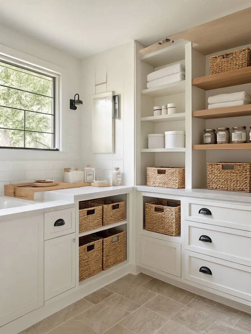 Portrait of a modern bathroom storage setup showing wall shelves, a tall cabinet, and under-sink organizers