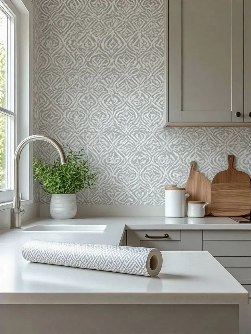Modern kitchen featuring a wall adorned with elegant peel-and-stick wallpaper, showcasing a fresh, easily updated look ideal for rental properties.