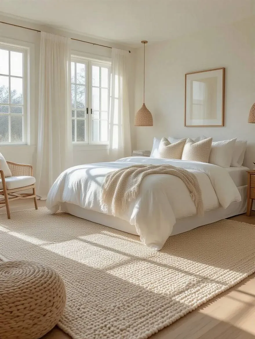 White bedroom with natural fiber rug grounding the space