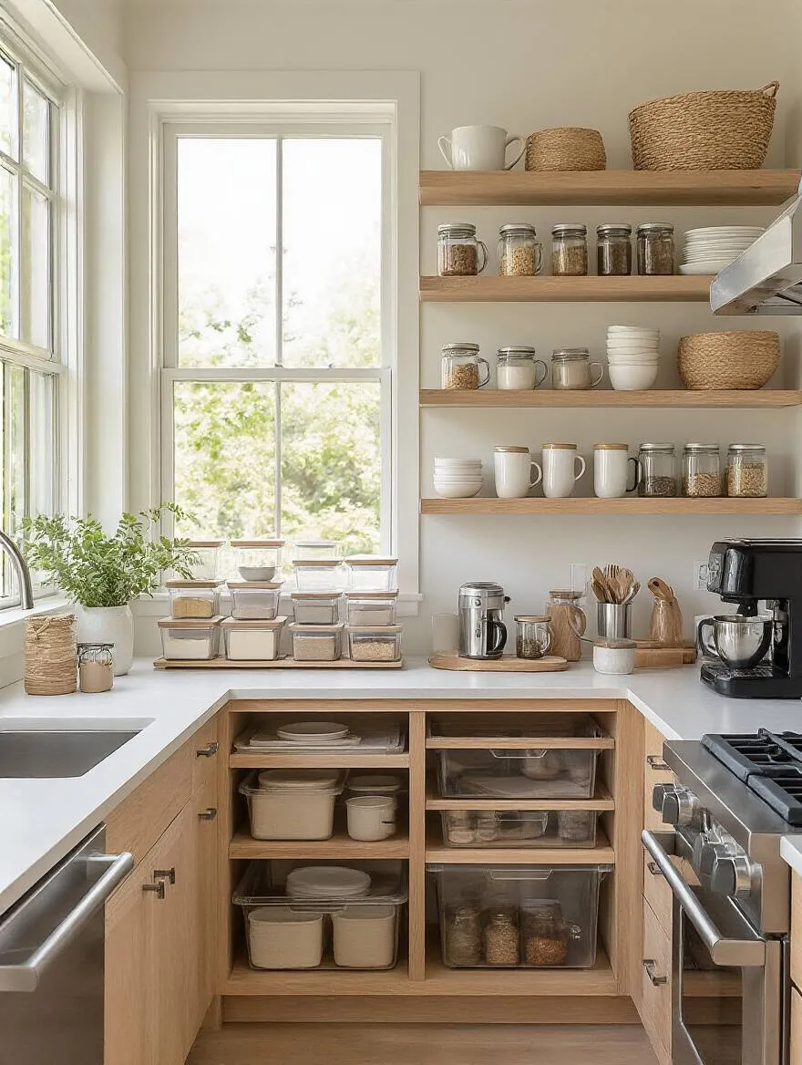 Minimalist kitchen with grouped items by category in clear containers and zones
