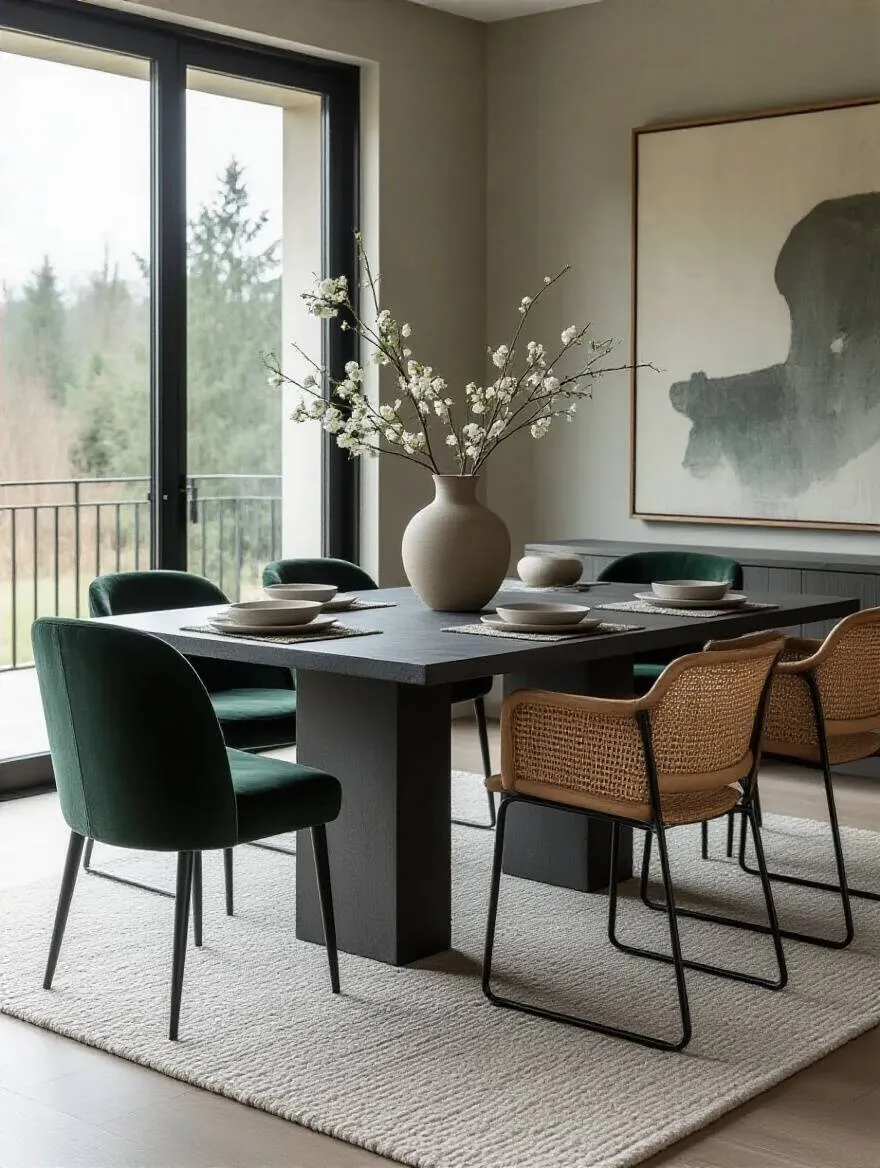 A contemporary dining room with a concrete-top table, velvet chairs, rattan-back chairs, and a wool rug, showcasing mixed textures and harmonious finishes.