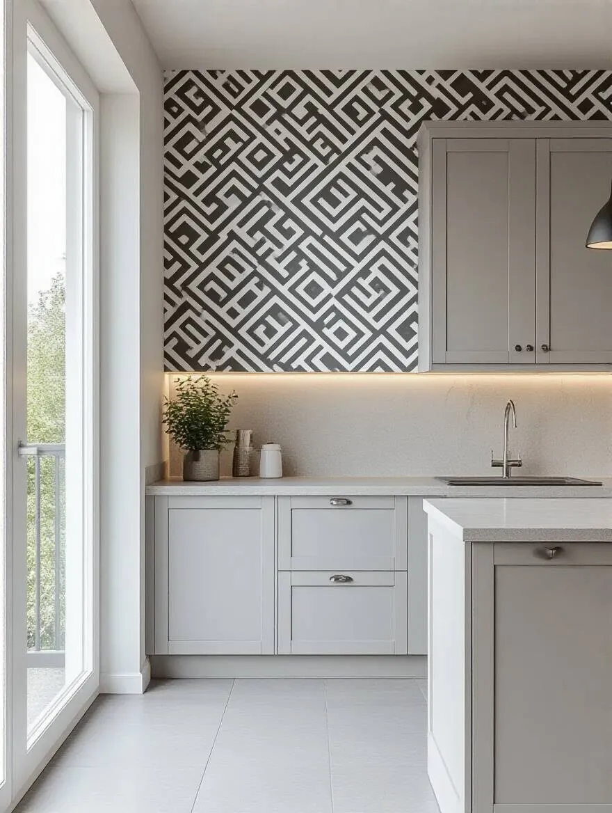 Modern kitchen with geometric patterned wallpaper in charcoal and white, harmonizing with crisp white Shaker cabinets and light grey quartz countertops.