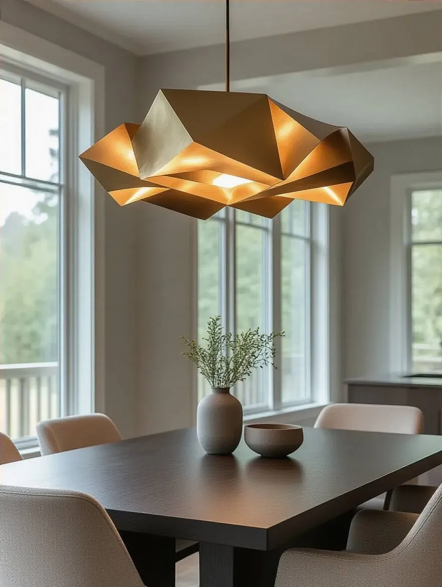 A stunning statement contemporary lighting fixture hangs above a modern dining table in a minimalist dining room. Brushed brass, geometric design, warm glow.
