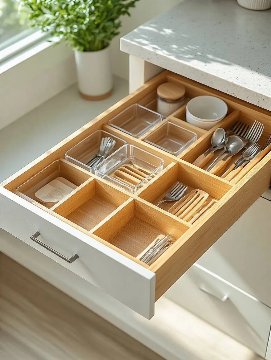 Portrait of a minimalist kitchen drawer organized with bamboo and acrylic dividers