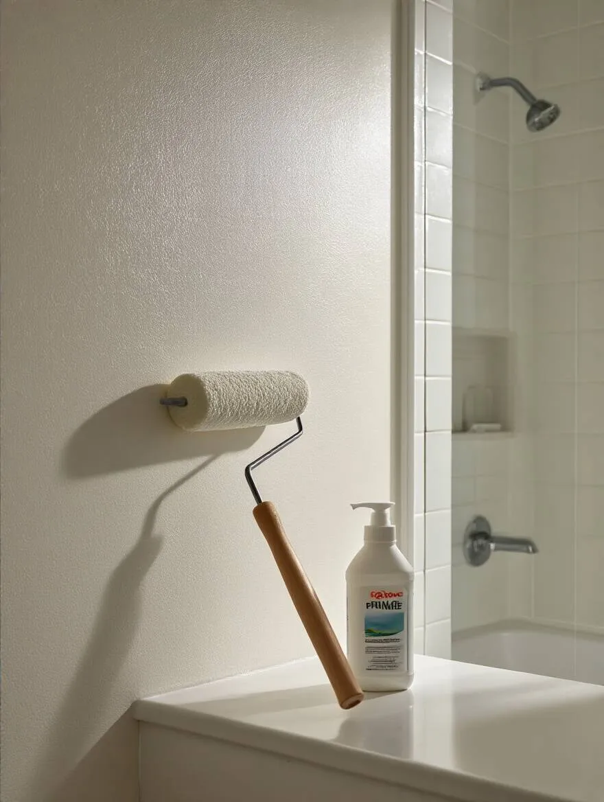 Vertical shot of a primed bathroom wall ready for wallpaper