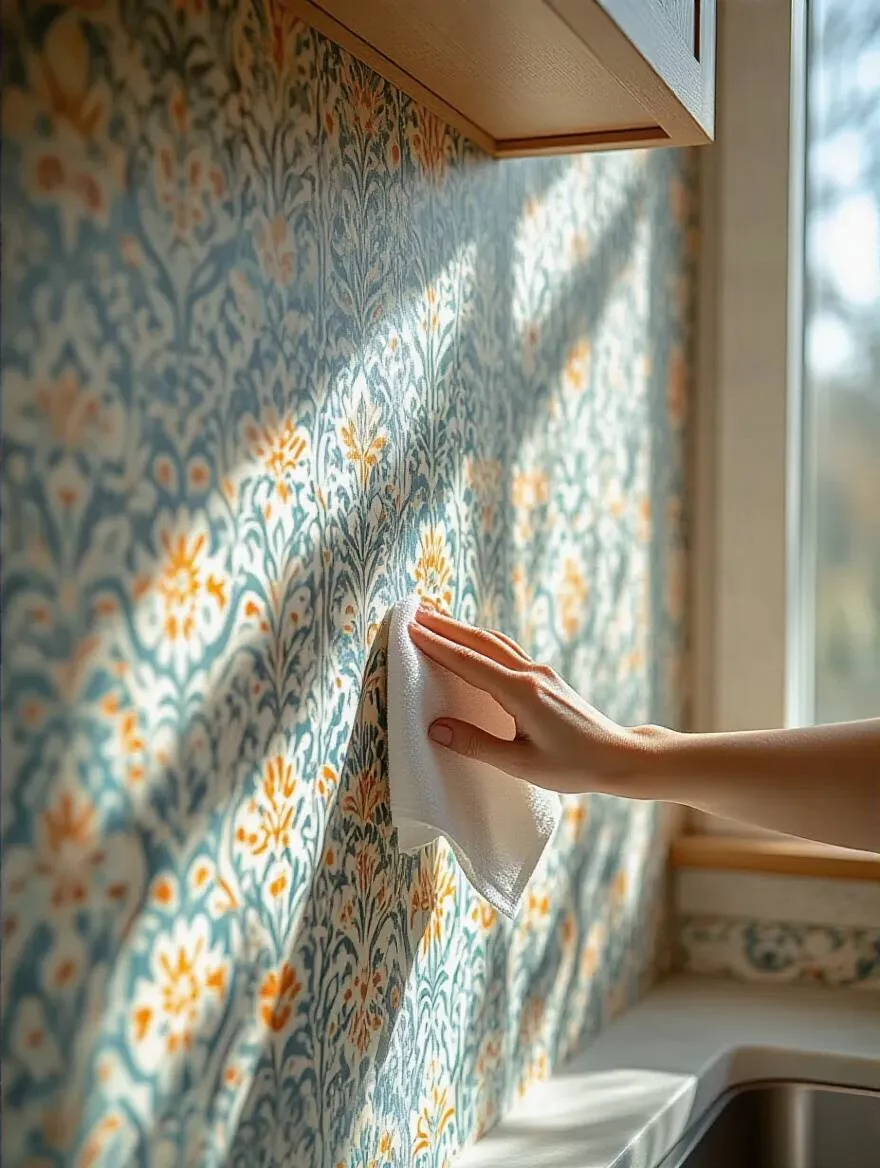 A hand gently wiping a section of vibrant patterned kitchen wallpaper with a soft microfiber cloth, demonstrating proper cleaning to maintain its vibrancy and extend its lifespan.