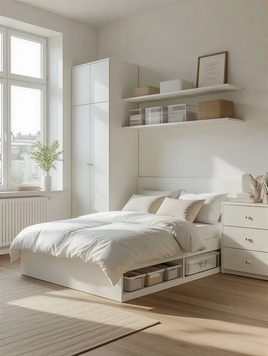 Vertical shot of a white bedroom with smart storage solutions and clutter-free surfaces