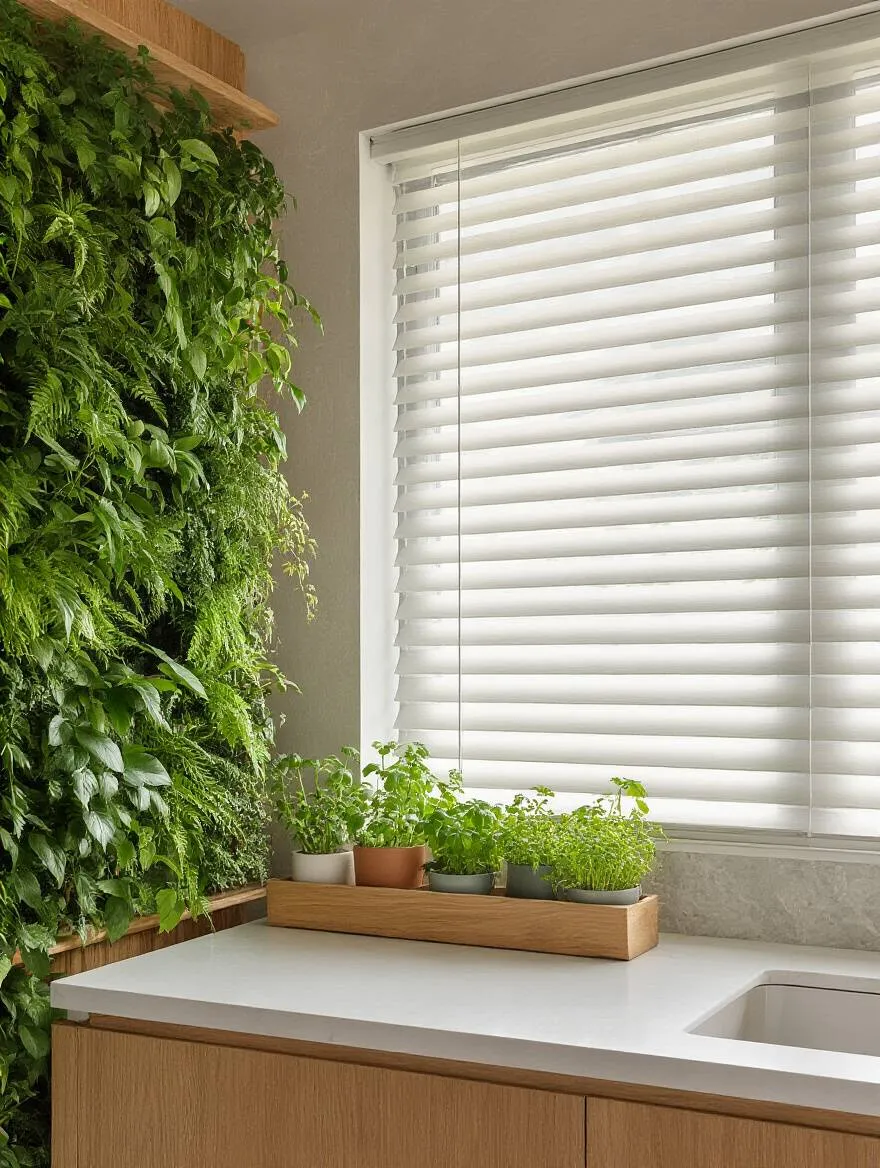 Portrait view of a biophilic kitchen with living plant wall and natural materials