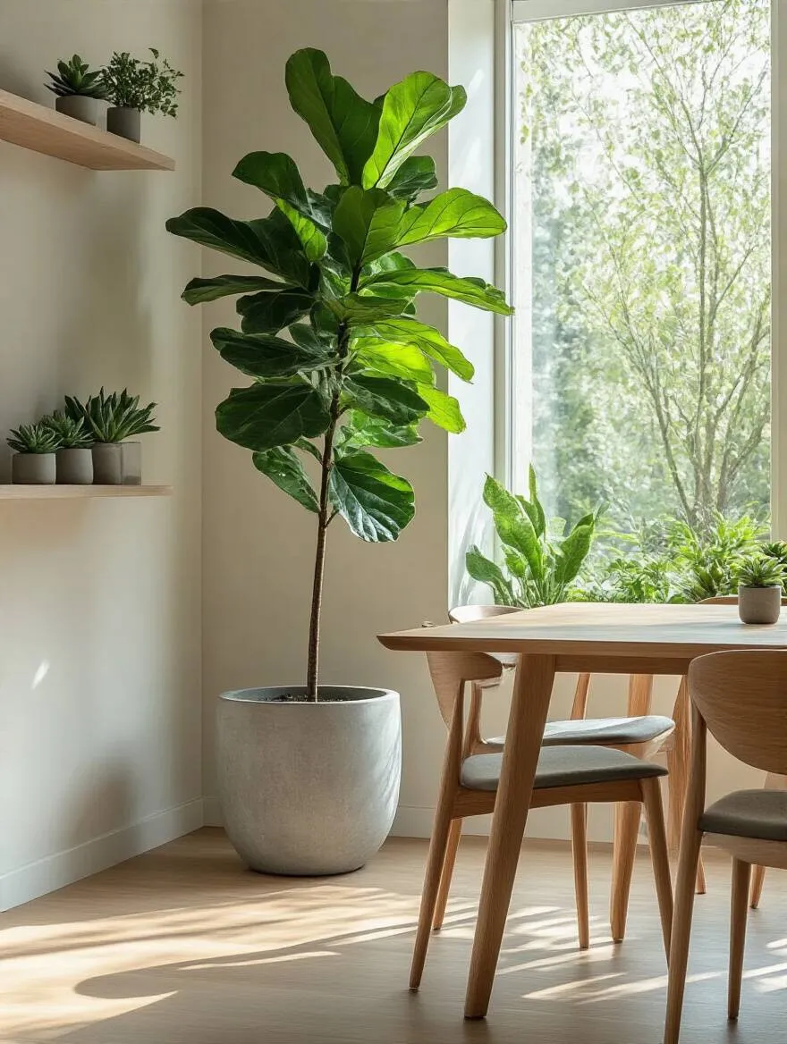Contemporary dining room with a large Fiddle Leaf Fig plant and smaller succulents, illustrating biophilic design for freshness and vitality.