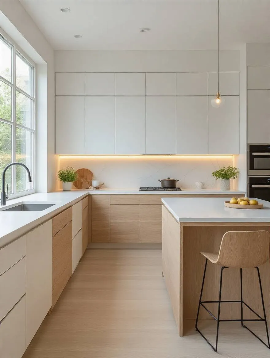 Portrait of a minimalist kitchen with defined lighting zones