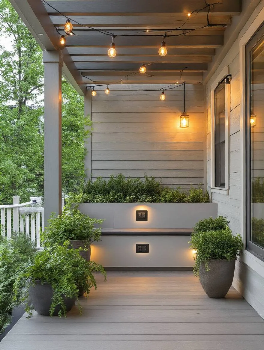 Back porch featuring strategically placed outdoor power outlets integrated into seating wall under a pergola, with soft lighting and greenery.