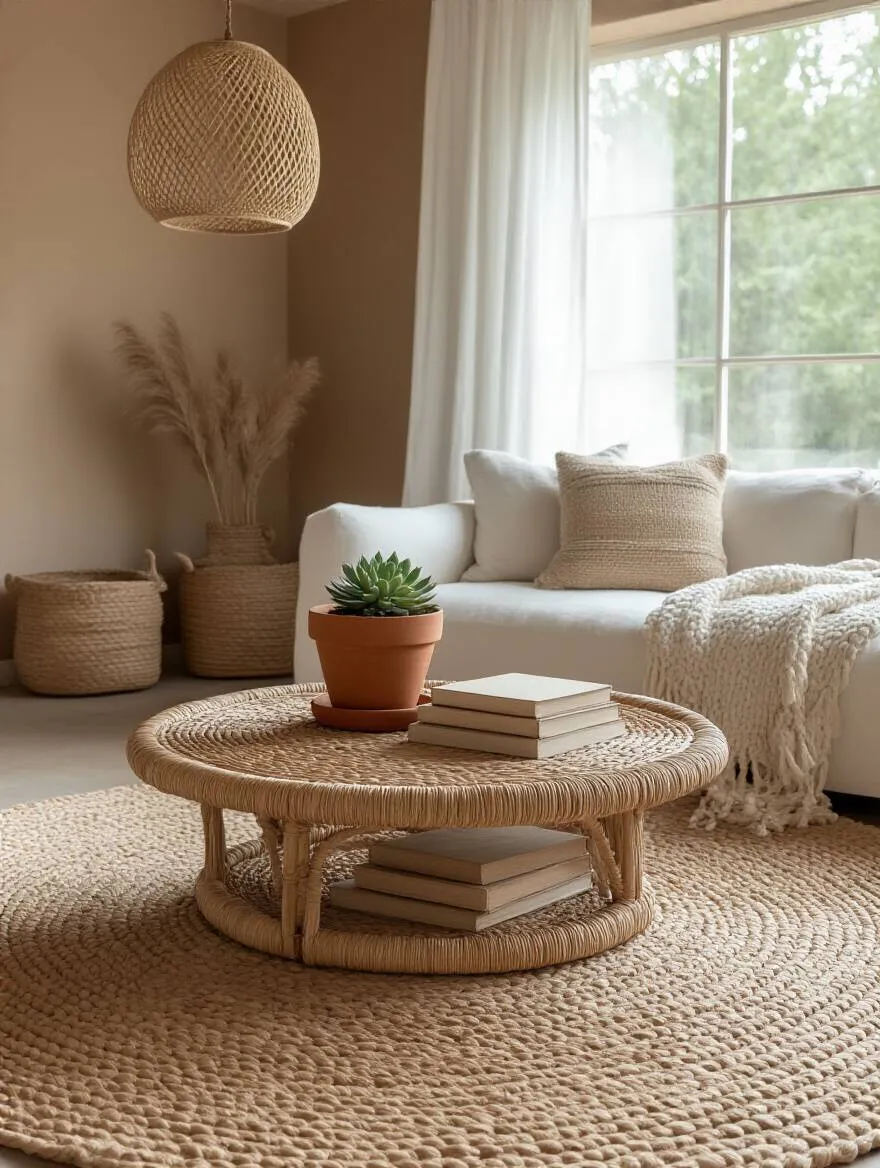 Boho living room with woven rattan coffee table, jute rug, and rattan pendant light for authentic texture.