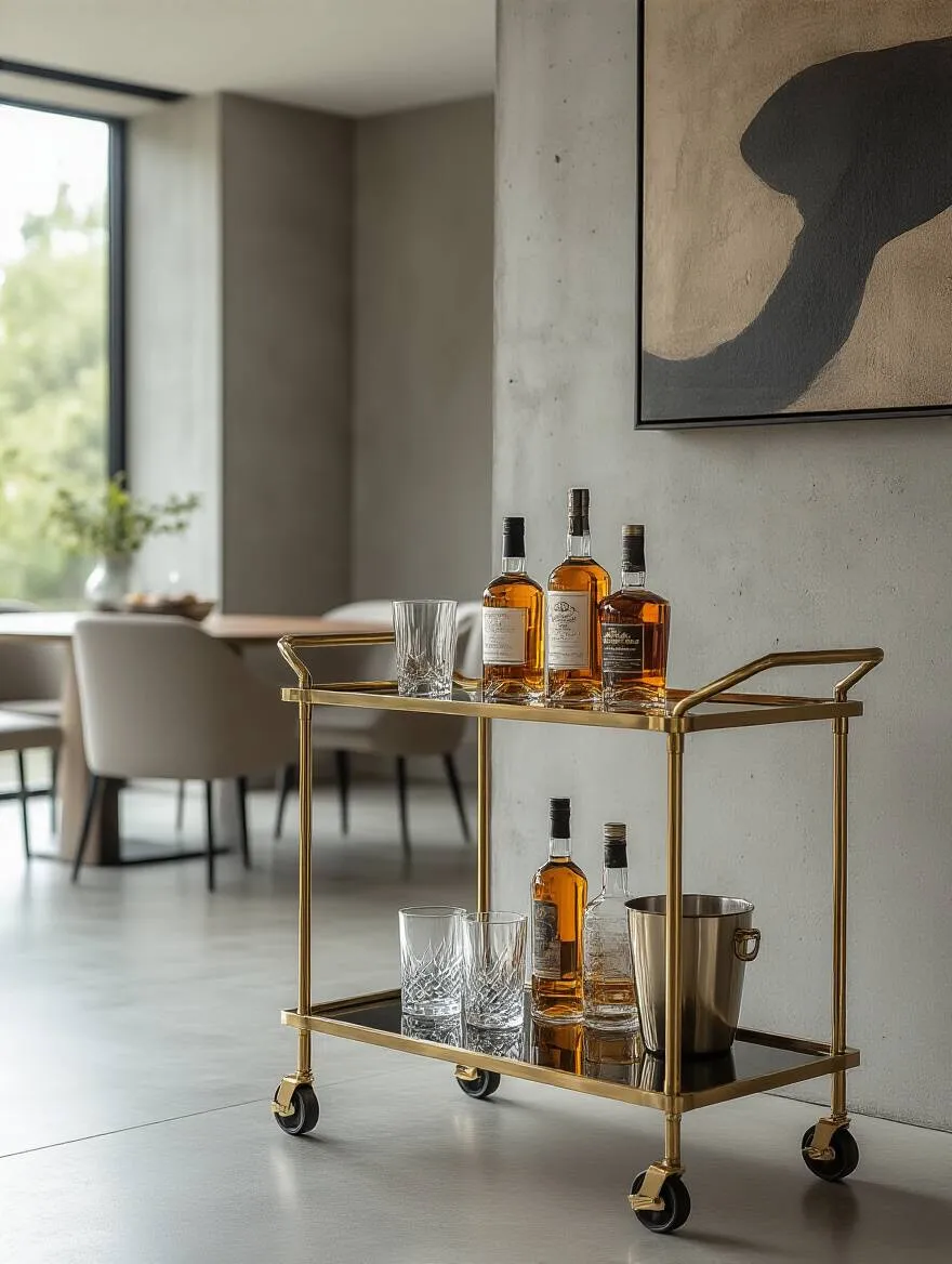 A modern bar cart with polished brass and glass, styled with liquor bottles, glassware, and bar tools, in a contemporary dining room.