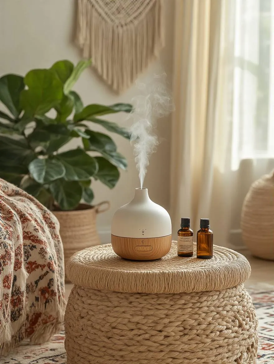 Boho living room decor with a stylish essential oil diffuser emitting mist, surrounded by natural elements like potted plants, woven textiles, and essential oil bottles, under soft golden lighting.