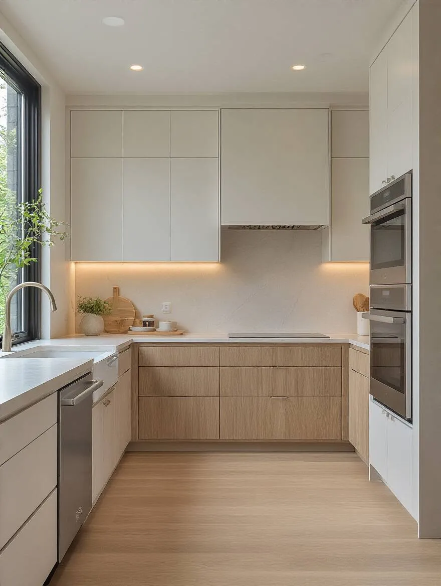 Minimalist kitchen with integrated appliances hidden behind seamless cabinetry