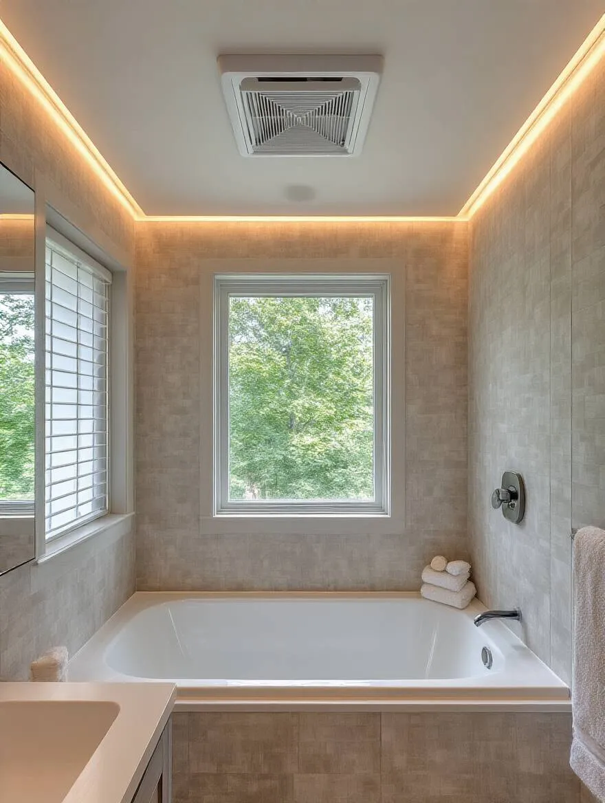 Portrait of a modern bathroom showing ceiling vent and moisture-resistant wallpaper