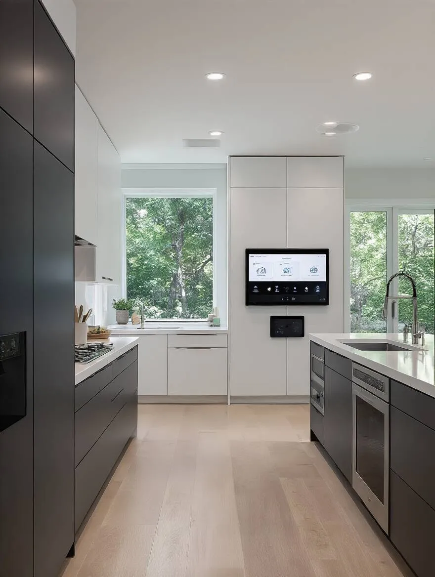 Portrait view of a modern smart kitchen with integrated control hub and smart appliances