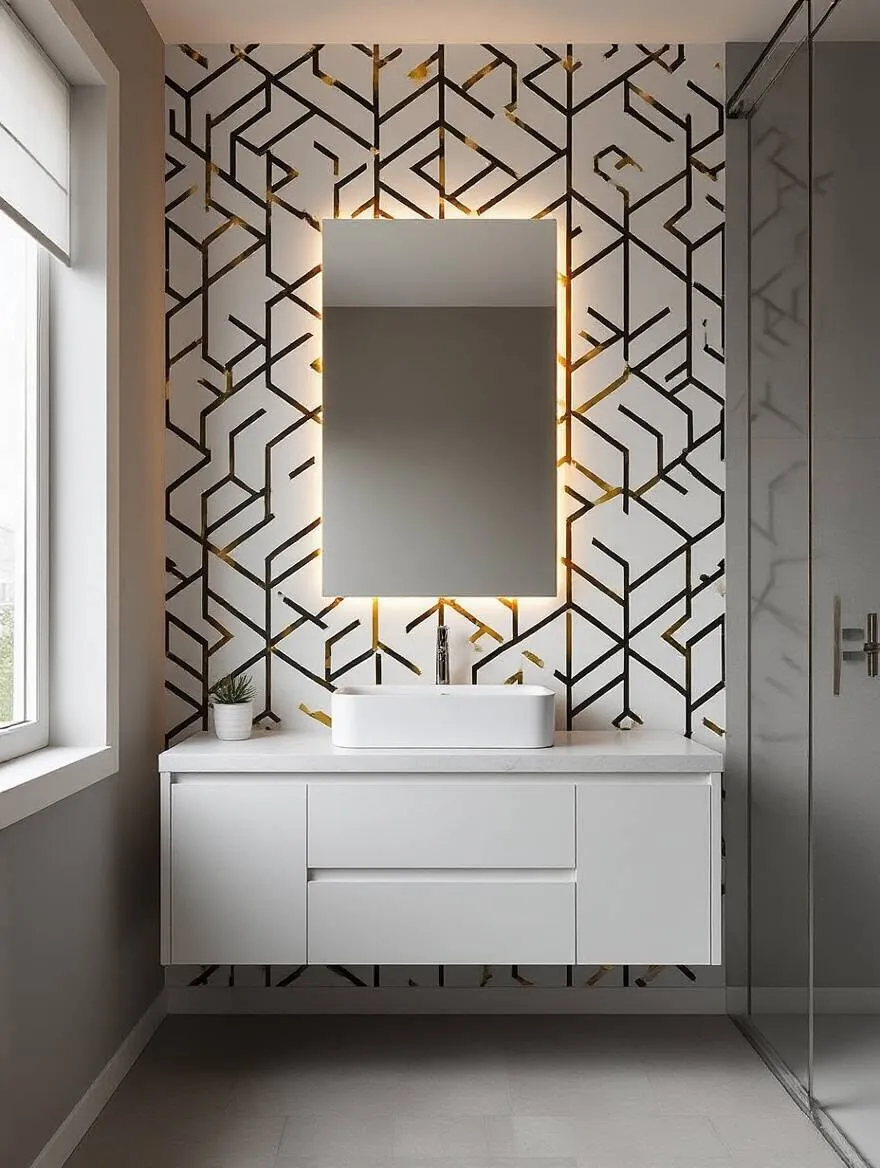 Portrait of a modern bathroom with bold geometric wallpaper behind a vanity